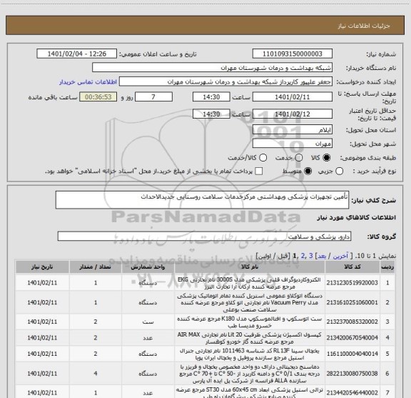 استعلام تأمین تجهیزات پزشکی وبهداشتی مرکزخدمات سلامت روستایی جدیدالاحداث