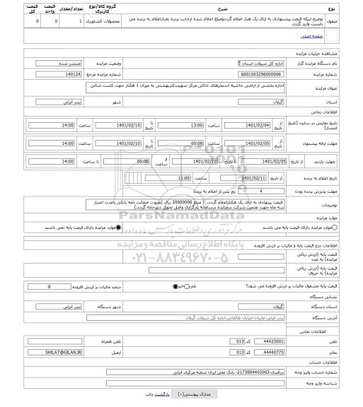 مزایده ، اجاره بخشی از اراضی حاشیه استخرهای خاکی مرکز شهیددکتربهشتی به میزان 1 هکتار جهت کشت شالی