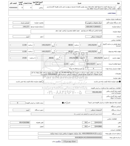 مزایده ، اجاره اراضی ایستگاه خسروشهر   جهت تعلیف ومدیریت زراعی- نوبت دوم