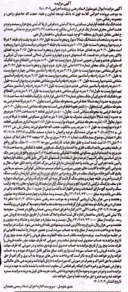 مزایده، مزایده ششدانگ یک قطعه آپارتمان مسکونی به پلاک ثبتی ده فرعی
