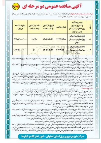 مناقصه واگذاری اجرای پروژه های در شهرستان 
