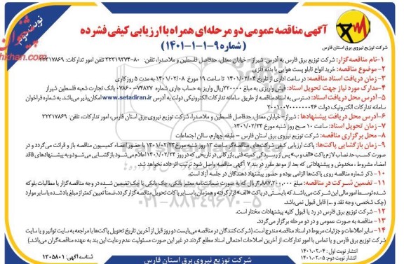  مناقصه خرید انواع تابلو پست هوایی با بدنه فلزی - نوبت دوم