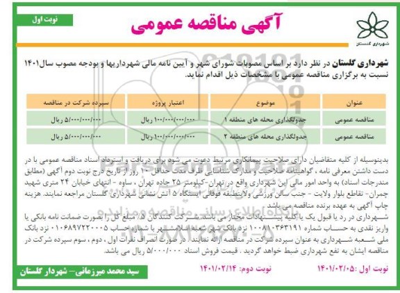 مناقصه جدولگذاری محله های