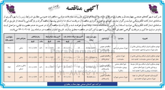 مناقصه عمومی  تهیه مصالح و اجرای شبکه روشنایی بخشی از معابر شهرک صنعتی و... نوبت دوم