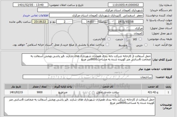 استعلام حمل آسفالت از کارخانه شرکت دانه بندی همیاران شهرداری های شازند ،قیر پاشی وپخش آسفالت به ضخامت 6سانتی متر کوبیده شده به مساحت9000متر مربع