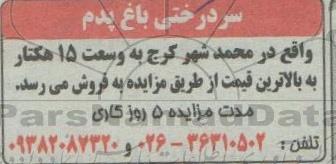 مزایده، مزایده فروش سردرختی باغ پدم