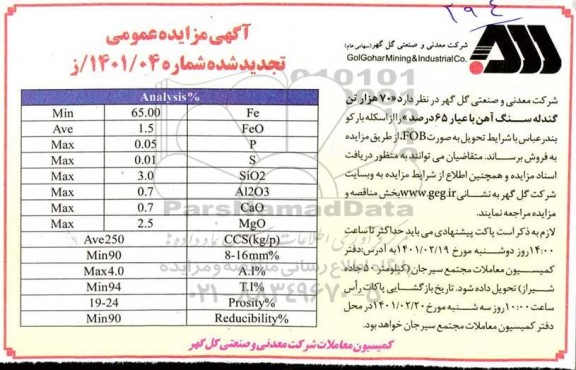 تجدید مناقصه 70 هزار تن گندله سنگ آهن با عیار 65 درصد
