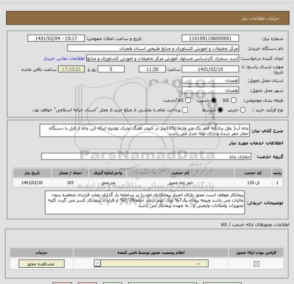 استعلام چاه آب( بغل بری)به قطر یک متر وارتفاع105متر در کبودر آهنگ تجرک توضیح اینکه این چاه از قبل با دستگاه حفار حفر شده ودارای لوله جدار می باشد 