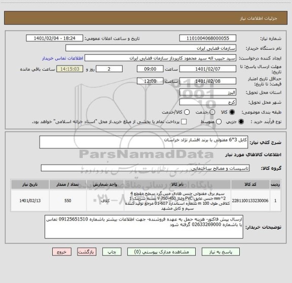 استعلام کابل 3*6 مفتولی با برند افشار نژاد خراسان