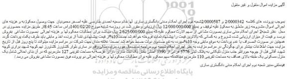 مزایده فروش یک منزل مسکونی یک طبقه بالای همکف به مساحت تقریبی 110 مترمربع