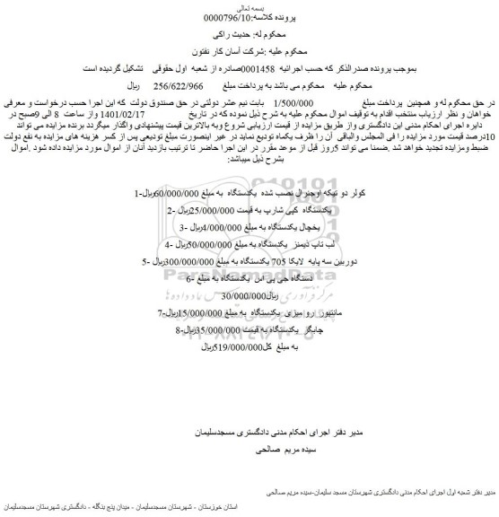 مزایده فروش کولر دو تیکه اوجنرال نصب شده  یکدستگاه  و...