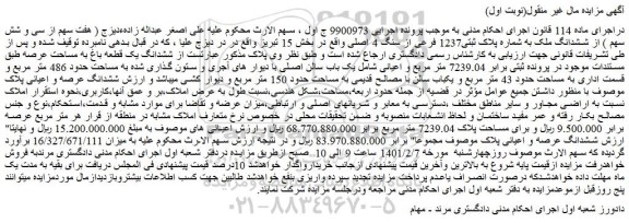 مزایده فروش ( هفت سهم از سی و شش سهم ) از ششدانگ ملک به شماره پلاک ثبتی1237 فرعی از سنگ 4 اصلی