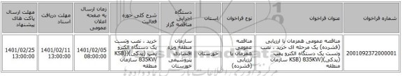مناقصه عمومی همزمان با ارزیابی (فشرده) یک مرحله ای خرید ، نصب وتست یک دستگاه الکترو پمپ (یدکی)(KSB) 835KW سازمان منطقه 