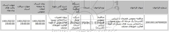 مناقصه عمومی همزمان با ارزیابی (فشرده) یک مرحله ای پروژه تعمیرات ساختمانی پست های زمینی در حوزه فعالیت امورهای مختلف