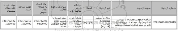 مناقصه عمومی همزمان با ارزیابی (فشرده) یک مرحله ای پروژه تعمیرات تابلو در حوزه فعالیت امورهای مختلف