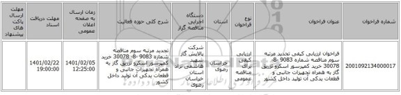 فراخوان ارزیابی کیفی تجدید مرتبه سوم مناقصه شماره 9083 -8- 30078 خرید کمپرسور اسکرو تزریق گاز به همراه تجهیزات جانبی و قطعات یدکی آن تولید داخل کشور