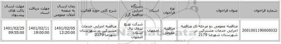 مناقصه عمومی دو مرحله ای مناقصه  اجرایی خدمات مشترکین  در شهرستان شهرضا 2179