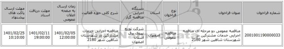 مناقصه عمومی دو مرحله ای مناقصه  اجرایی خدمات مشترکین  در شهرستان شاهین شهر 2180