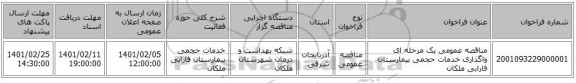 مناقصه عمومی یک مرحله ای واگذاری خدمات حجمی بیمارستان فارابی ملکان