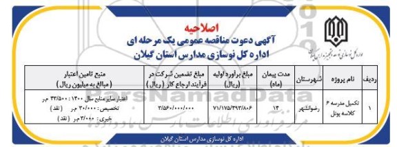 اصلاحیه مناقصه تکمیل مدرسه 6 کلاسه پونل