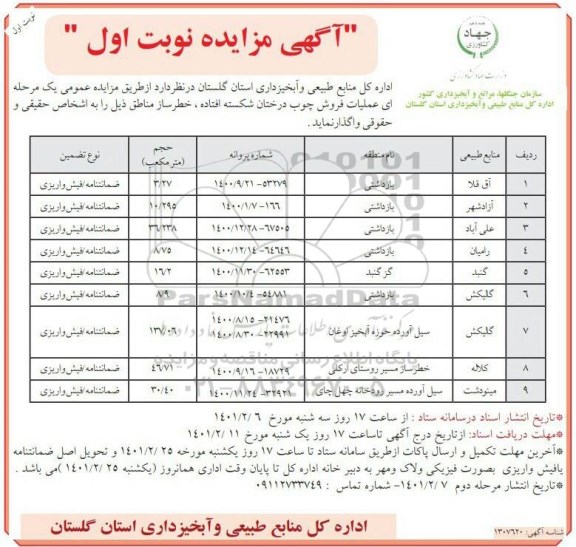 مزایده عملیات فروش چوب درختان شکسته افتاده، خطرساز مناطق