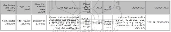 مناقصه عمومی یک مرحله ای شامل جدول تک لبه - جدول با کانیو - جوی و جدول - کفپوش گذاری و اجرای دیوار پیرامونی پارک بانوان
