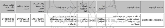 مناقصه عمومی دو مرحله ای خدمات نظارت و پشتیبانی زیرساختهای IT در بخشهای شبکه....