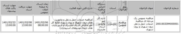 مناقصه عمومی یک مرحله ای مناقصه خدمات حمل و نقل درون شهری و برون شهری 