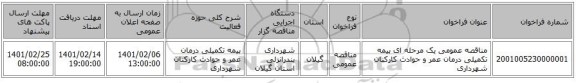مناقصه عمومی یک مرحله ای بیمه تکمیلی درمان عمر و حوادث کارکنان شهرداری 