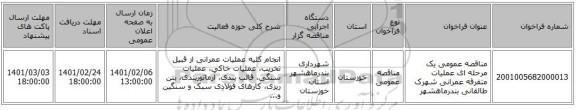 مناقصه عمومی یک مرحله ای عملیات متفرقه عمرانی شهرک طالقانی بندرماهشهر