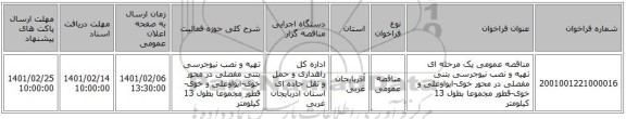 مناقصه عمومی یک مرحله ای تهیه و نصب نیوجرسی بتنی مفصلی در محور خوی-ایواوغلی و خوی-قطور مجموعا بطول 13 کیلومتر