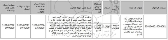 مناقصه عمومی یک مرحله ای واگذاری امور خدمات عمومی، حفاظتی و مراقبتی ساختمان های اداری سازمان امور اراضی کشور