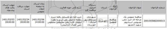 مناقصه عمومی یک مرحله ای خرید چمن مصنوعی استادیوم شهید احمدپور 
