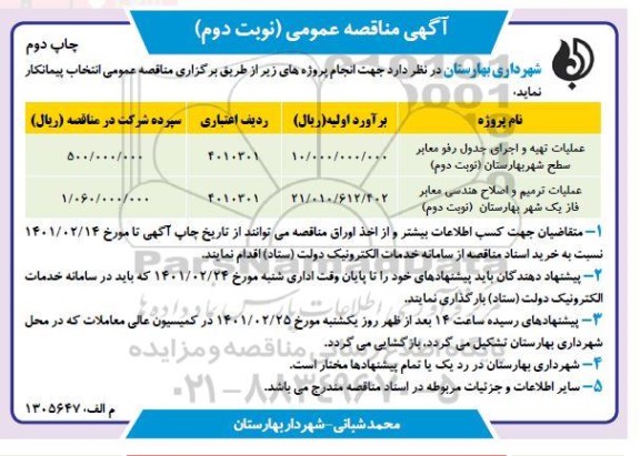 مناقصه عملیات تهیه و اجرای جدول رفو معابر...