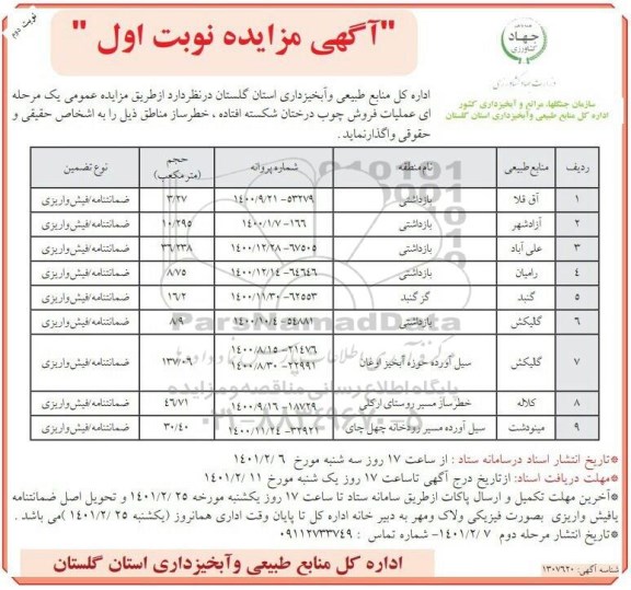 مزایده عملیات فروش چوب درختان شکسته افتاده، خطرساز مناطق- نوبت دوم