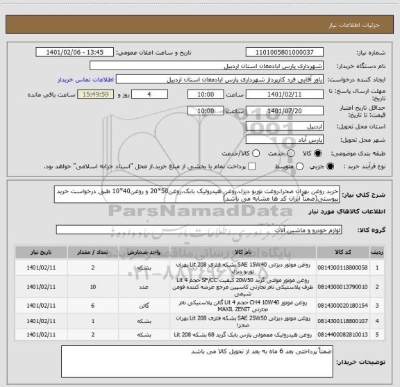 استعلام خرید روغن بهران صحرا،روغت توربو دیزل،روغن هیدرولیک بابک،روغن50*20 و روغن40*10 طبق درخواست خرید پیوستی(ضمناً ایران کد ها مشابه می باشد)