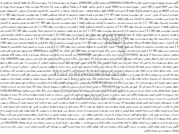 آگهی مزایده ششدانگ یک قطعه آپارتمان مسکونی به پلاک ثبتی 3407 فرعی از 160 اصلی