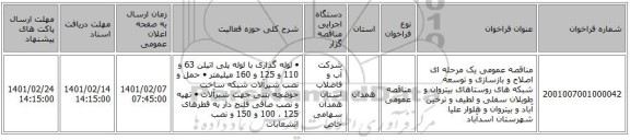 مناقصه عمومی یک مرحله ای اصلاح و بازسازی و توسعه شبکه های روستاهای بیتروان و طویلان سفلی و لطیف و ترخین آباد و بیتروان و هلوار علیا شهرستان اسدآباد