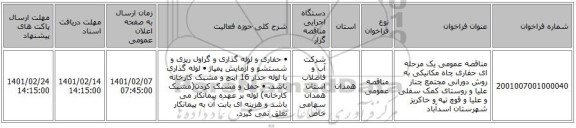 مناقصه عمومی یک مرحله ای حفاری چاه مکانیکی به روش دورانی مجتمع چنار علیا و روستای کمک سفلی و علیا و قوچ تپه و خاکریز شهرستان اسدآباد