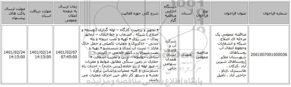 مناقصه عمومی یک مرحله ای اصلاح شبکه و انشعابات وخطوط انتقال آب روستاهای شهرستان ملایر (روستاهای شیرین آباد ،کرکان ، طاسبندی ،ازناو ، حاجی آباد ، نامیل