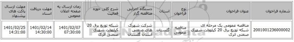 مناقصه عمومی یک مرحله ای شبکه توزیع برق 20 کیلوولت شهرک صنعتی اترک