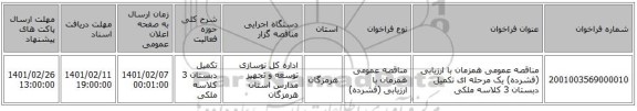 مناقصه عمومی همزمان با ارزیابی (فشرده) یک مرحله ای تکمیل دبستان 3 کلاسه ملکی