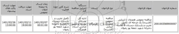 مناقصه عمومی همزمان با ارزیابی (فشرده) یک مرحله ای تکمیل تخریب و بازسازی دبستان 6 کلاسه دخترانه شهید جمعه پور رضوان