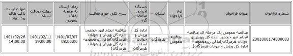 مناقصه عمومی یک مرحله ای مناقصه انجام امور حجمی اداره کل ورزش و جوانان هرمزگان(اماکن زیرمجموعه اداره کل ورزش و جوانان هرمزگان)