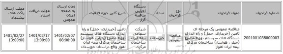 مناقصه عمومی یک مرحله ای تامین (خریداری، حمل) و راه اندازی دستگاه های سیستم تهویه مطبوع (چیلر ، هواساز) ساختمان مرکزی بیمه ایران اهواز 