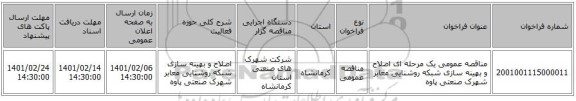 مناقصه عمومی یک مرحله ای اصلاح و بهینه سازی شبکه روشنایی معابر شهرک صنعتی پاوه