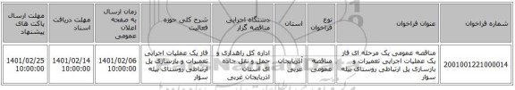 مناقصه عمومی یک مرحله ای فاز یک عملیات اجرایی تعمیرات و بازسازی پل ارتباطی روستای بیله سوار ‏‏‏‏