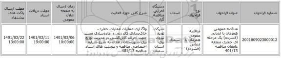 مناقصه عمومی همزمان با ارزیابی (فشرده) یک مرحله ای حفاری منطقه دامغان مناقصه 401/13