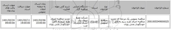 مناقصه عمومی یک مرحله ای تجدید مناقصه اجرای طرح سیم به کابل خودنگهدار بخش رویان 