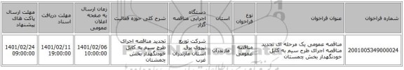 مناقصه عمومی یک مرحله ای تجدید مناقصه اجرای طرح سیم به کابل خودنگهدار بخش چمستان